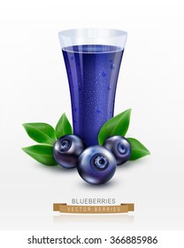 Vector glass cup with juice of blueberries isolated on white background