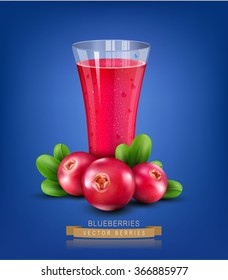 Vector glass cup with juice of cranberries on a blue background