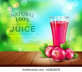 Vector glass cup with juice of cranberries standing on a wooden table on the background of the sky and green foliage