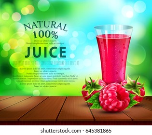 Vector glass cup with juice of raspberry standing on a wooden table on the background of the sky and green foliage