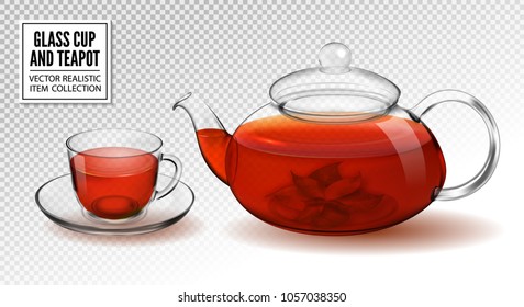 Vector Glass Cup And Teapot With Tea. Realistic 3d Vector.