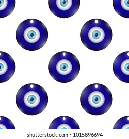 Vector Glass Evil Eye Symbol Seamless Pattern on White Background. Turkish Traditional Amulet. Nazar Protection Talisman. Blue Magic Souvenir
