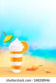 Vector glass of exotic orange cocktail on beach background