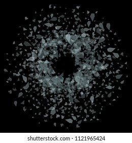 Vector glass explosion concept isolated on black background. Many blue sharp pieces randomly flying in the air. Vector illustration, eps 10.
