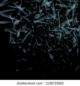 Vector glass explosion concept isolated on black background. Many blue sharp pieces randomly flying in the air. Vector illustration, eps 10.