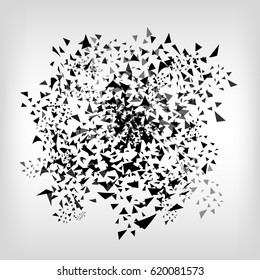 Vector glass explosion isolated on white background. Many black sharp pieces randomly flying in the air. Vector glass explosion. Black glass pieces on white