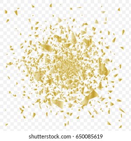 Vector glass explosion isolated on white transparent background. Many gold sharp pieces randomly flying in the air.