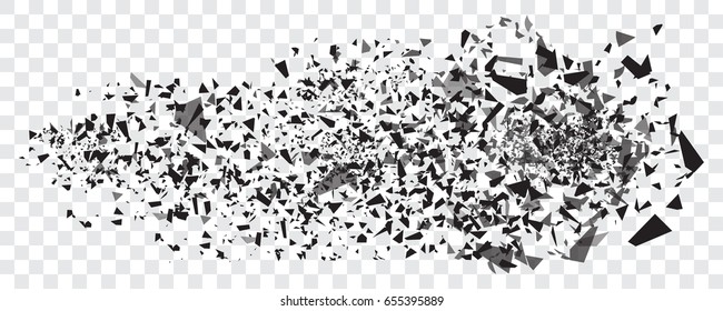 Vector glass explosion isolated on white transparent background. Many black sharp pieces randomly flying in the air. Vector glass explosion concept. Black glass pieces on white.