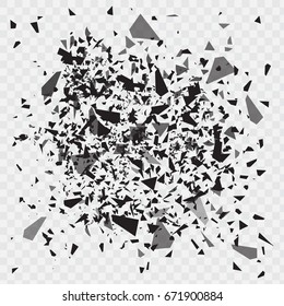 Vector glass explosion isolated on white transparent background. Many black sharp pieces randomly flying in the air. 