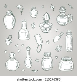 Vector glass flasks and jars. Perfume bottles - hand drawn doodle set