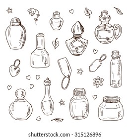 Vector glass flasks. Perfume bottles - hand drawn doodle set