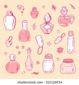 Vector glass flasks. Perfume bottles - hand drawn doodle set