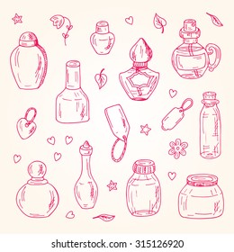 Vector glass flasks. Perfume bottles - hand drawn doodle set