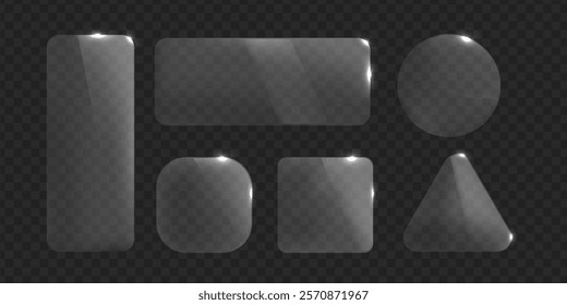 Vector glass frame. Isolated on transparent background. Glass banner realistic. Rectangular, round, triangular and square acrylic banner.