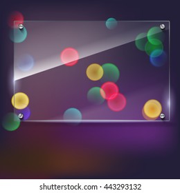 Vector glass frame with steel rivets. Glass framework. Transparent glass frame on the colored background with bokeh effect. Clear glass top festive background with blurred colored lights