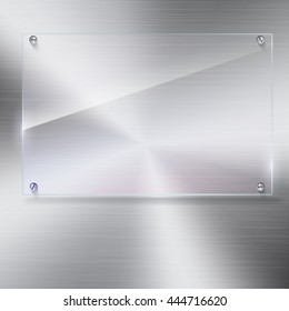 Vector glass frame with steel rivets. Glass framework. Transparent glass frame on the background of polished metal.