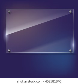 Vector glass frame with steel rivets. Glass framework. Transparent glass frame on the colored background.
