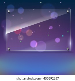 Vector glass frame with steel rivets. Glass framework. Transparent glass frame on the colored background with bokeh effect. Clear glass top festive background with blurred colored lights