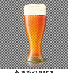 Vector Glass of fresh beer isolated on plaid background.