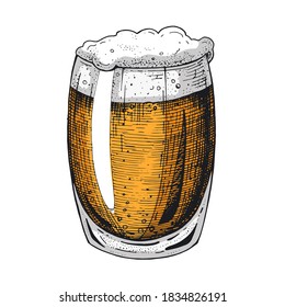 Vector glass with a frothy drink. Color illustration full Cup of beer without alcohol. A hand-drawn sketch. Engraving style. Vintage template for menu design, signage, advertising, beer shop windows