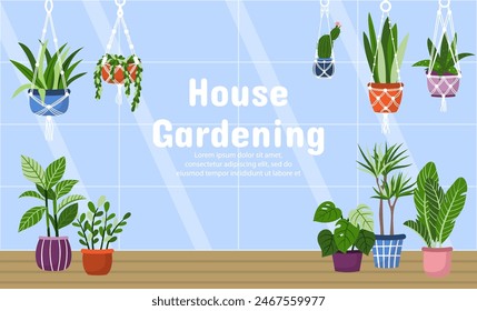 Vector glass greenhouse interior inside with house plants in pots. House gardening inner view illustration for landing page, banner.