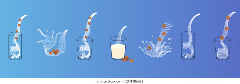 Vector glass of hazelnut milk with nuts. Vegan alternative organic filbert milk splash pour in glass. Non dairy drink. Isolated transparent illustration. Healthy food, diet and nutrition concept