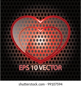 Vector glass heart with red frame on a metal background