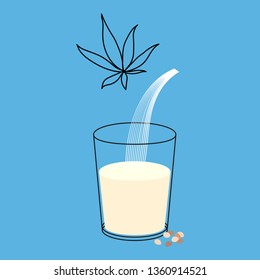 Vector glass of hemp milk with nuts. Vegan alternative organic milk splash pour in glass. Non dairy drink. Isolated transparent illustration. Healthy food, diet and nutrition concept