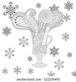 Vector glass of hot mulled wine in zentangle, doodle style. Sketch for tattoo, postcards, adult anti stress coloring page.