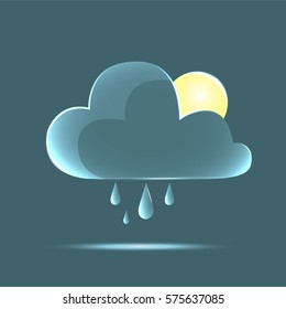 Vector glass icon, weather forecast, cloud with rain and sun