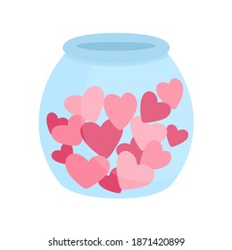 Vector glass jar with hearts inside. Cute pot isolated on white background. Playful Saint Valentine’s day icon. 
