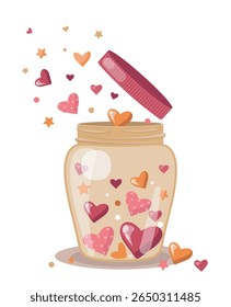 Vector glass jar with hearts.Beautiful glass  jar with hearts isolated on white background. Valentine's day