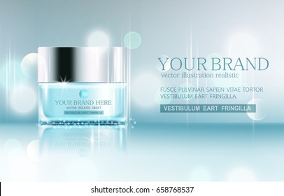 Vector glass jar on bokeh background. Element for modern design, advertising for sales, template cosmetic face cream, body. Realistic 3d illustration