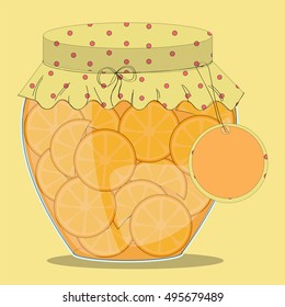 Vector glass jar of orange jam with label on it.Oranges in syrup.