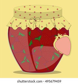 Vector glass jar of strawberry jam with label on it.Strawberry in syrup.