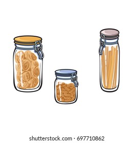 vector glass jar with swing top lid set. Different size bottles sketch cartoon isolated illustration on a white background. Kitchenware equipment utensil objects concept