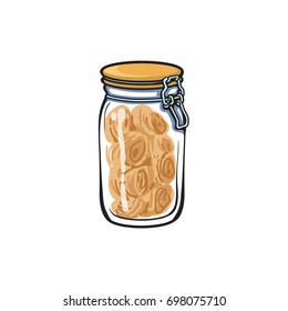 vector glass jar with swing top lid sketch cartoon isolated illustration on a white background. Kitchenware equipment utensil objects concept