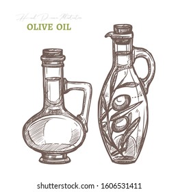 Vector glass jars and bottles with olive oil and olive tree branch. Mediterranean italian or greek food  agriculture ingredient. Hand drawn sketch illustration in etching or engraved style