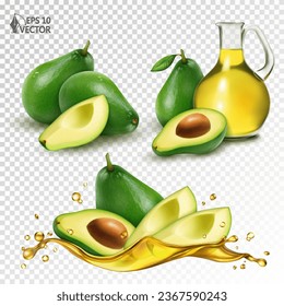 Vector glass jug with avocado oil, whole fruits and pieces. Realistic transparent splash of oil and fresh ripe fruits in it. Set of 3D illustrations of food isolated on a white background