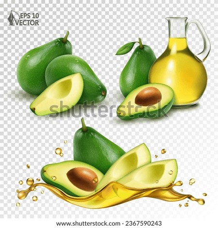 Vector glass jug with avocado oil, whole fruits and pieces. Realistic transparent splash of oil and fresh ripe fruits in it. Set of 3D illustrations of food isolated on a white background