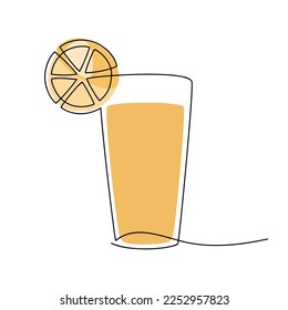 Vector glass of juice with orange slice. One line continuous drawing illustration. Hand drawn linear silhouette icon. Minimal design element for print, banner, card, poster, menu.