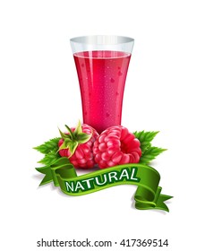 Vidrio vectorial de jugo con frambuesa y cinta aislada sobre fondo blanco