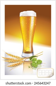 Vector Glass of Light Beer with Barley and Hops and Price Tag