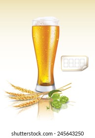 Vector Glass of Light Beer with Barley and Hops and Price Tag on Light Background