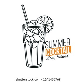 Vector glass of Long Island cocktail with lime slice in retro hand drawn style. Retro illustration summer alcohol drink.