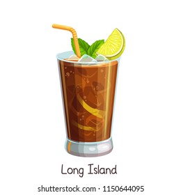 Vector glass of long island cocktail with slice lemon and mint leaves isolated on white. Color illustration summer alcohol drink.