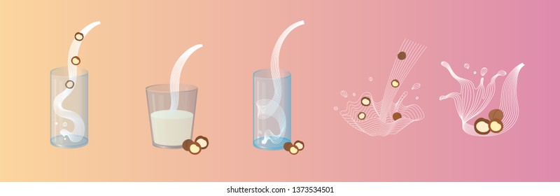 Vector glass of macadamia milk with nuts. Vegan alternative organic milk splash pour in glass. Non dairy drink. Isolated transparent illustration. Healthy food, diet and nutrition concept