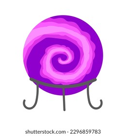 Vektorglas-Zauberkugel für die Befreiung einzeln auf weißem Hintergrund. Zauberer Kristall auf einem geschnitzten Metallständer mit einer violetten Spirale im Inneren.