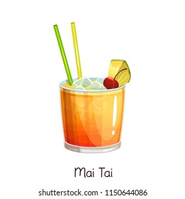 Vector glass of mai tai cocktail with slice pineapple and cherry isolated on white. Color illustration summer alcohol drink.