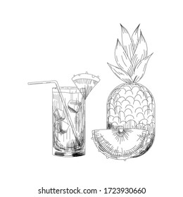 Vector glass of mai tai cocktail and pineapple retro hand drawn style. Retro illustration summer alcohol drink